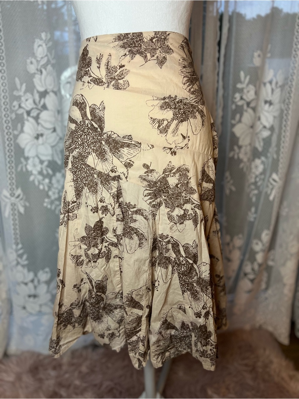 100% Cotton a.n.a Cream Midi Skirt with Brown Floral Print